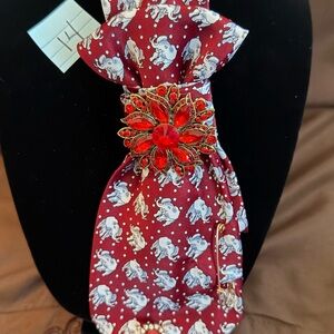 Red Elephant Print Necktie with Red Gem Brooch